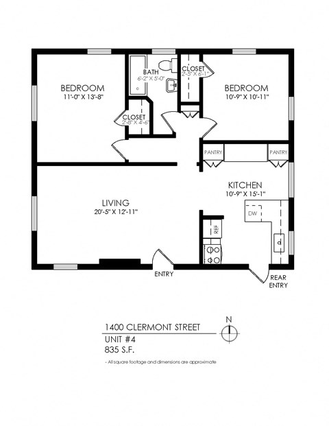 Floor plan for 2 beds, 1 bath, 835 sqft